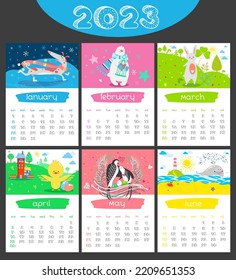Cartoon Calendar 2023 year. Seasonal illustrations with animals. Winter, Spring, Summer vector background. January, February, March, April, May, June. Childish Organizer, vector planner