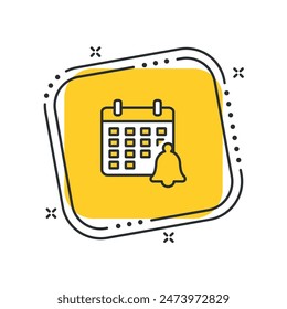 Cartoon calendar with bell icon vector illustration. Task shedule on isolated yellow square background. Calendar sign concept.