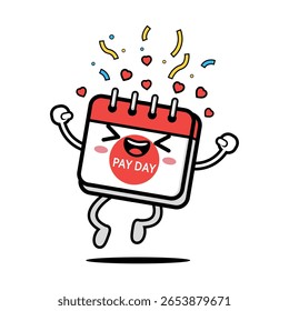 Cartoon Calendar Character Jumping with Joy on Payday, Red Marked Date, Cercado por corações e Confetes - Estilo Vetor Plano com Contornos Espessos no Fundo Branco Limpo