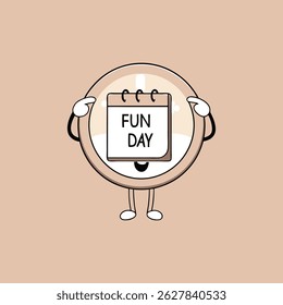 Cartoon calendar character promoting fun day celebration on light brown background