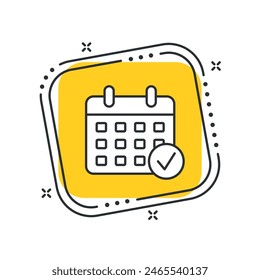 Calendario de dibujos animados con Ilustración vectorial de icono de marca de verificación. Programar sobre fondo cuadrado amarillo aislado. Concepto de signo de evento.