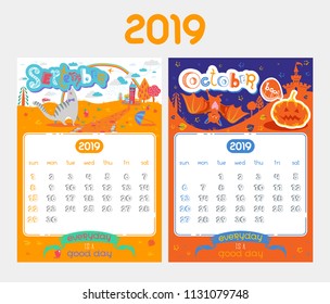 Cartoon Calendar design for 2019 year. Vector doodle illustrations. Inspirational organizer with cute animals and letters. Autumn background, seasonal card. September, October