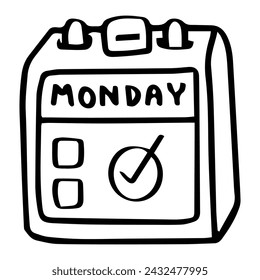 cartoon calendar page icon marked “Monday” with a checkmark, symbolizing task completion or an important event scheduled on that day. outline Vector