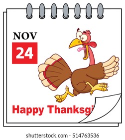 Cartoon Calendar Page With Cartoon Turkey Bird Escape. Vector Illustration Isolated On White Background