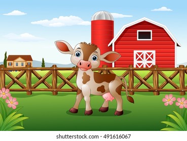 Cartoon Calf With Farm Background