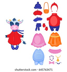 Cartoon calf, kid animal, domestic cute cow, decorative clothes vector set isolated, hat, dress, Character design for greeting card, children invite, packaging product, creation of alphabet, education