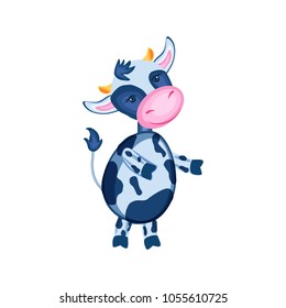 Cartoon calf vector hand drawn kids animal, domestic cute cow standing,  isolated on white background, Character design for greeting card, children invite, packaging product, creation of alphabet