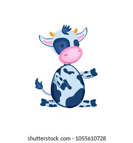 Cartoon calf vector hand drawn kids animal, domestic cute cow sitting isolated on white background, Character design for greeting card, children invitation, packaging product, creation of alphabet