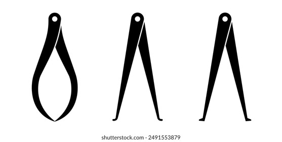 Pinza de dibujos animados, pinzas de estilo antiguo. Brújulas para trabajar la madera o equipo de herrería. Pinzas metálicas antiguas para medir el tamaño exterior o interior. Separador de brújula. Pasajero interior, pasajero exterior. 
