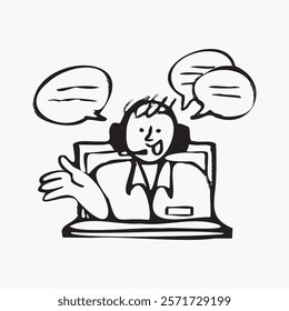 Cartoon call center agent with headset, speech bubbles. Customer service, communication, support. Hand-drawn style, simple lines, friendly expression. Simple black line art doodle vector.