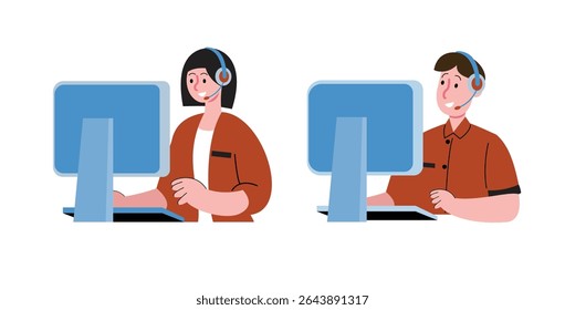 Cartoon Call Center-Agenten arbeiten am Computer