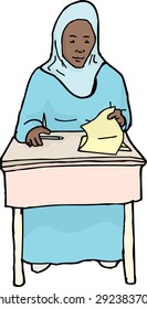 Cartoon of calm Muslim student looking at paper