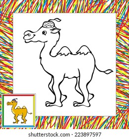 Cartoon camel coloring book with border. Vector illustration for child
