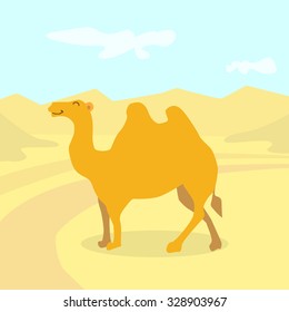 Cartoon Camel Desert Colorful Flat Retro Vector Illustration