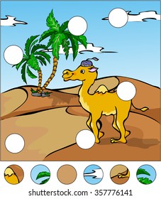 Cartoon camel in the desert. complete the puzzle and find the missing parts of the picture. Vector illustration. Educational game for kids