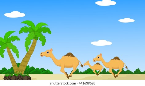 cartoon camel with desert landscape background