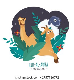 Cartoon Camel with Goat, Sheep, Flowers and Green Leaves on White Background for Eid-Al-Adha Mubarak Concept.