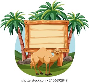 Cartoon camel standing next to a blank sign.