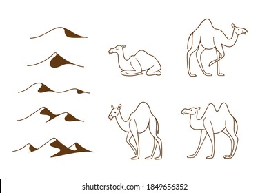 Camellos de caricatura en varias poses y diferentes colinas de arena. С usar un conjunto de iconos de animales.