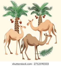 Ilustração de vetor de camelos de desenhos animados e palmeiras