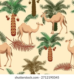 Patrón de Vector de camellos y palmeras de dibujos animados sobre tema del desierto