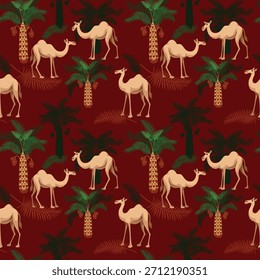 Patrón de Vector de camellos y palmeras de dibujos animados sobre el tema de la noche en el desierto