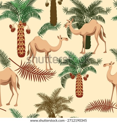 Cartoon camels and palm trees vector pattern on desert theme