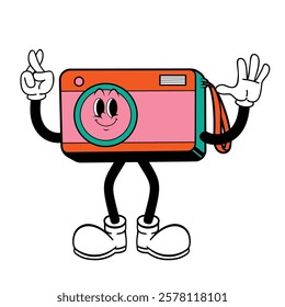 Cartoon Camera Character with a Happy Face and Playful Hand Gestures. Unique Retro Design Vector