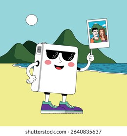 A cartoon camera character with sunglasses stands on a beach, holding a photo and a phone, with a couple in the camera's photo slot.
