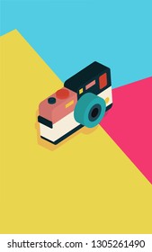 Cartoon camera, foto, photo, 35mm of elements for design vector isometric illustration. Colour background.