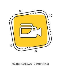 Cartoon camera icon vector illustration. Camcorder on isolated yellow square background. Video camera sign concept.