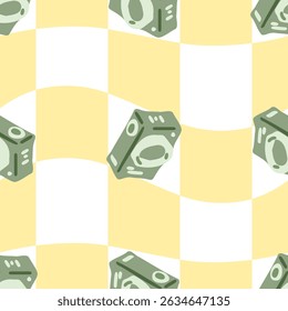 Cartoon Camera Pattern Design — playful seamless pattern with green cameras on wavy yellow checkered background in flat minimal cartoon style.