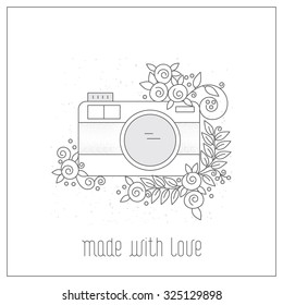 Cartoon camera with roses and leaves in a linear style. Background for cards; covers; t-shirts; hipster design.