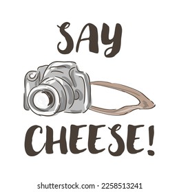 Cartoon Camera with a say cheese phrase note in flat style in vector