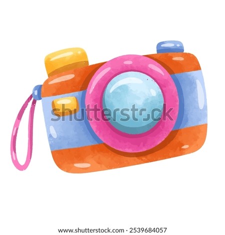 Cartoon camera vector illustration, photo camera clip art in hand drawn watercolor painting style, cute colorful camera photography image