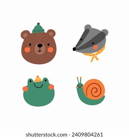 Cartoon camp adventure - vector illustration. Cute character - bear, frog, badger, snail