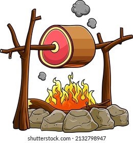 Cartoon Camp Fire With Flames And Grilling Meat. Vector Hand Drawn Illustration Isolated On White Background