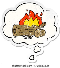 fuego de caricatura con burbuja de pensamiento como pegatina gastada angustiada