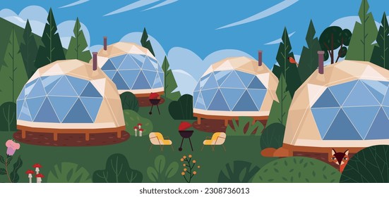 Cartoon camp with grill. Vector illustration of a green natural landscape with stones, green grass and trees, outdoor recreation. Glamping holiday for the weekend