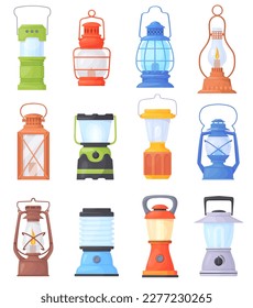 Cartoon camp lanterns. Garden lantern candles, kerosene lamp for camping travelling, vintage old lamps on gas or oil retro ancient night lighting, vector illustration of old lamp, light kerosene