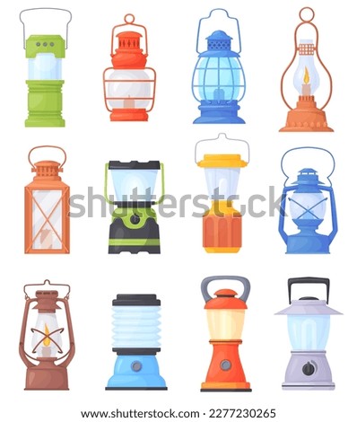 Cartoon camp lanterns. Garden lantern candles, kerosene lamp for camping travelling, vintage old lamps on gas or oil retro ancient night lighting, vector illustration of old lamp, light kerosene
