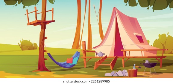 Cartoon camp with tent and hammock, grill. Vector illustration of green natural landscape with stones, green grass and trees, equipment for outdoor picnic. Glamping leisure activity for weekend