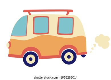 Autobús Cartoon Camper. Un coche retro. Viajar en vacaciones familiares de verano. Concepto de póster de vacaciones. Campamento de surf, entrenador de viajes en Rv de diseño plano. Elemento para logotipo, afiche, pancarta, etc.