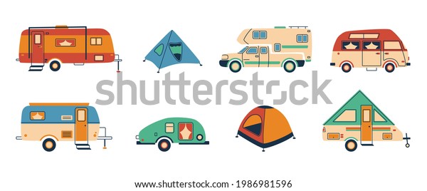 Cartoon camper. Doodle tent and caravan vehicle,\
camper van for recreational holiday, hand drawn trailer. Vector\
adventure vacation\
concept