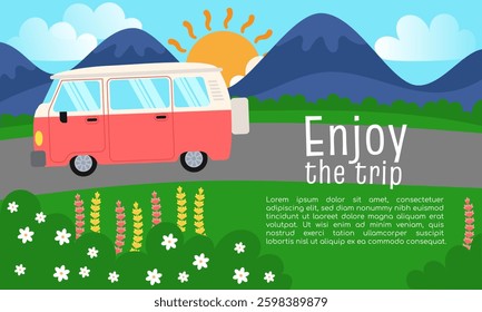 Cartoon camper van driving through a picturesque landscape with mountains, sun, and flowers, embodying the spirit of summer holidays and road trip adventures