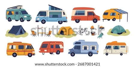 Cartoon campers. Different types vans, trailers, summer trucks and caravans, holiday recreational vehicles, camping vacation travel adventure cartoon flat style isolated illustration garish vector set