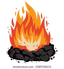 Cartoon Campfire with Burning Coal and Flame Close Up Fireplace Design