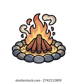 Cartoon Campfire with Burning Logs and Stone Ring Illustration