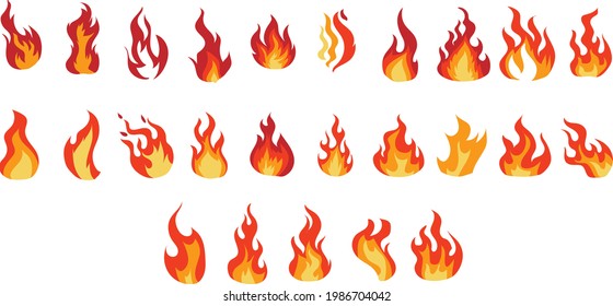 Cartoon campfire. Fire flames, bright fireball, heat wildfire and red hot bonfire, campfire, red fiery flames isolated vector illustration set. Animated form and square, fireball and flame