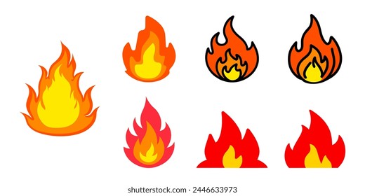 Cartoon campfire. Fire flames, bright fireball, heat wildfire and red hot bonfire, campfire, red fiery flames isolated vector illustration set. Animated form and square, fireball and flame